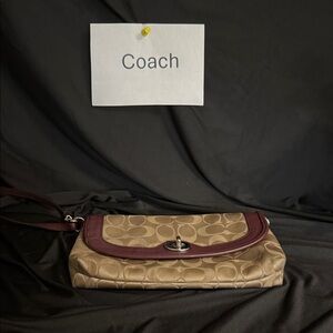 Coach Signature Tan and Burgundy Clutch